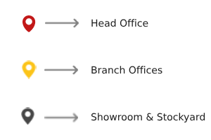 Map legend showing pin colors for Head Office, Branch Offices, and Showroom & Stockyard